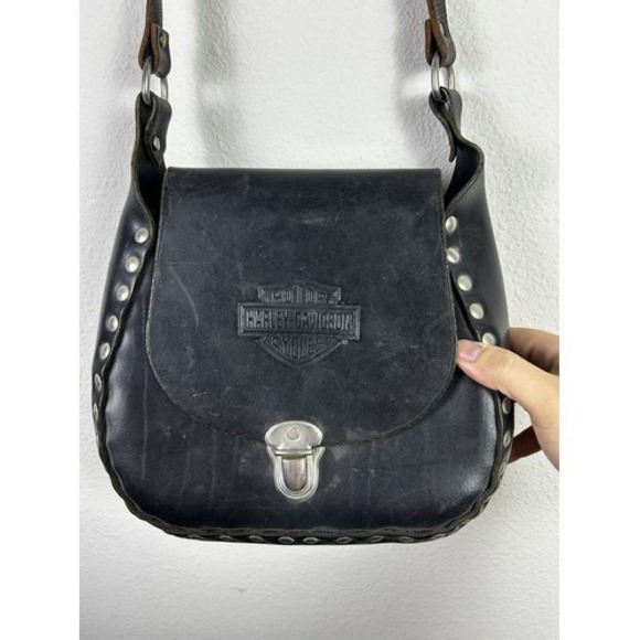Harley-Davidson Handbags - Vintage Harley Davidson Leather Crossbody Purse Dark Saddle Bag Lace